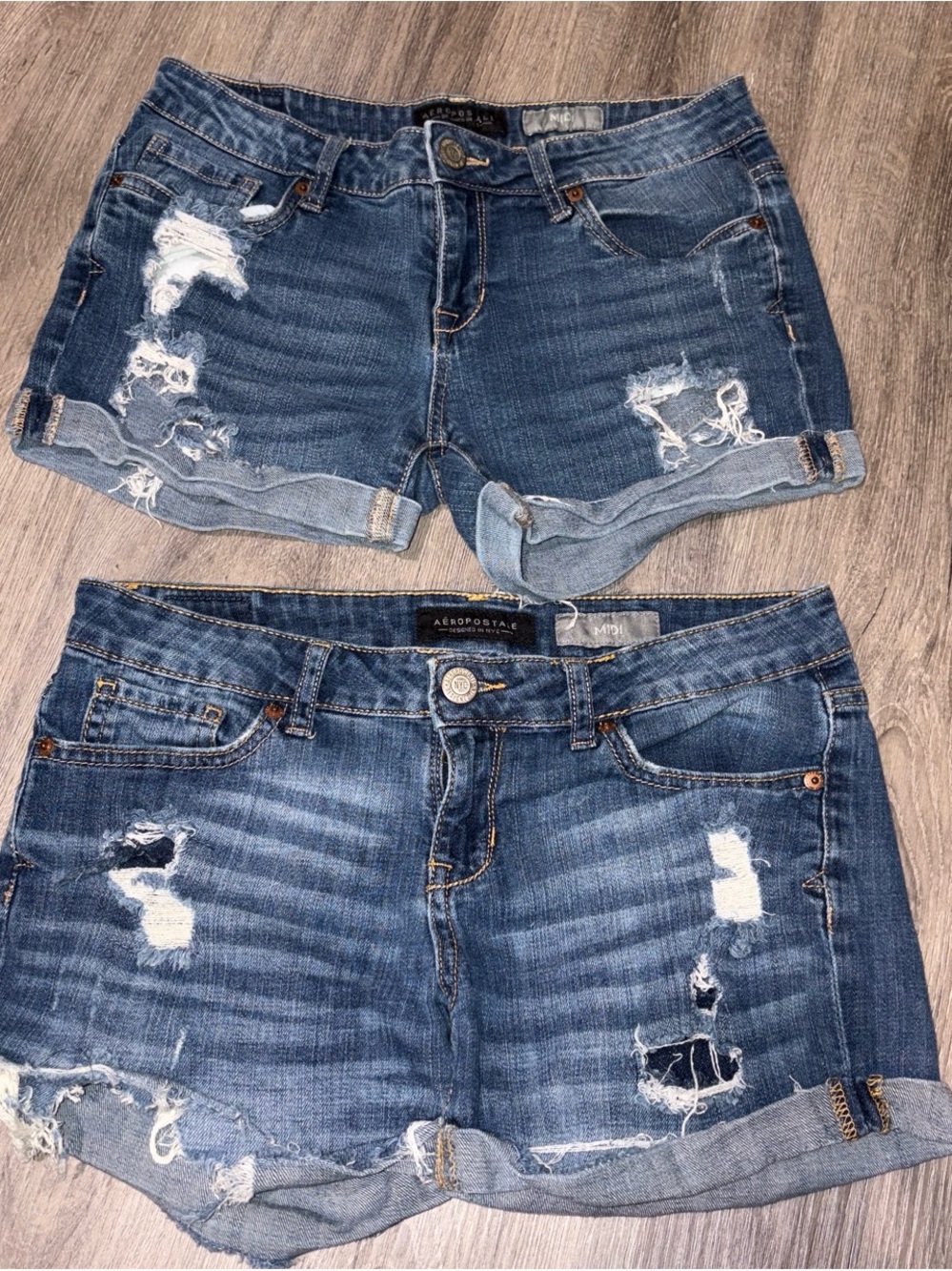 Aeropostale Distressed Medium Blue Denim Roll-Hem Shorts - Women's